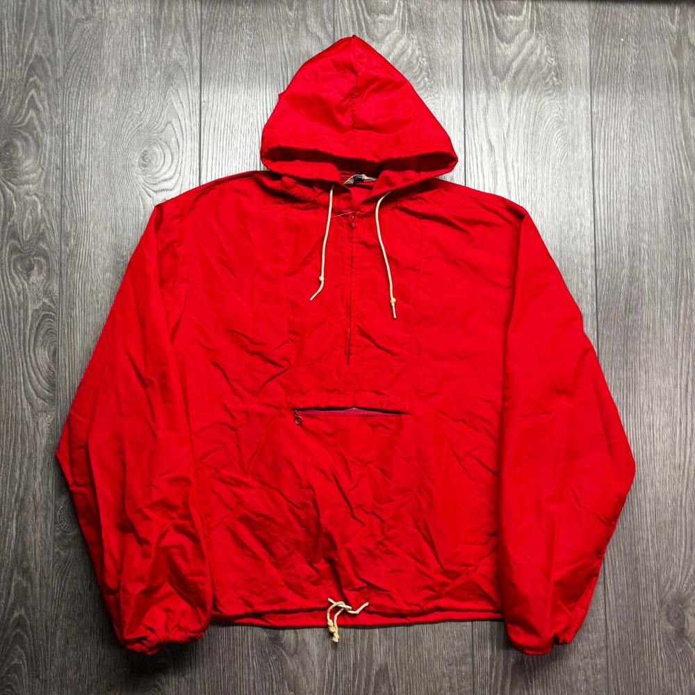 Vintage 1950s Fieldmaster Sears Red Anorak Windbreaker Hooded Pullover Jacket